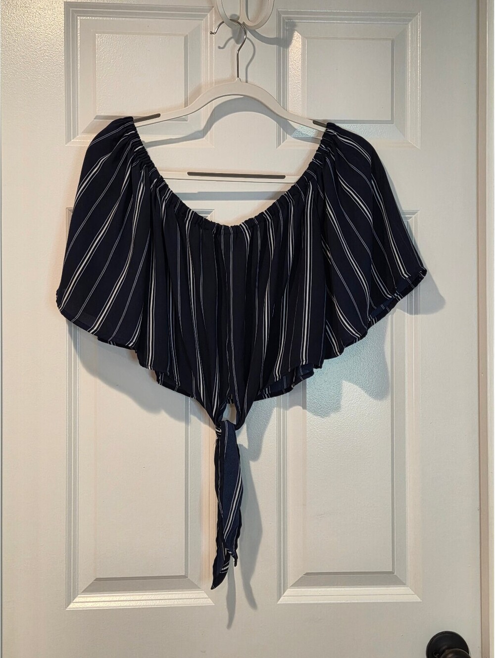 Love Tree Navy Blue and White Striped Off-Shoulder Crop Top with Tie Front